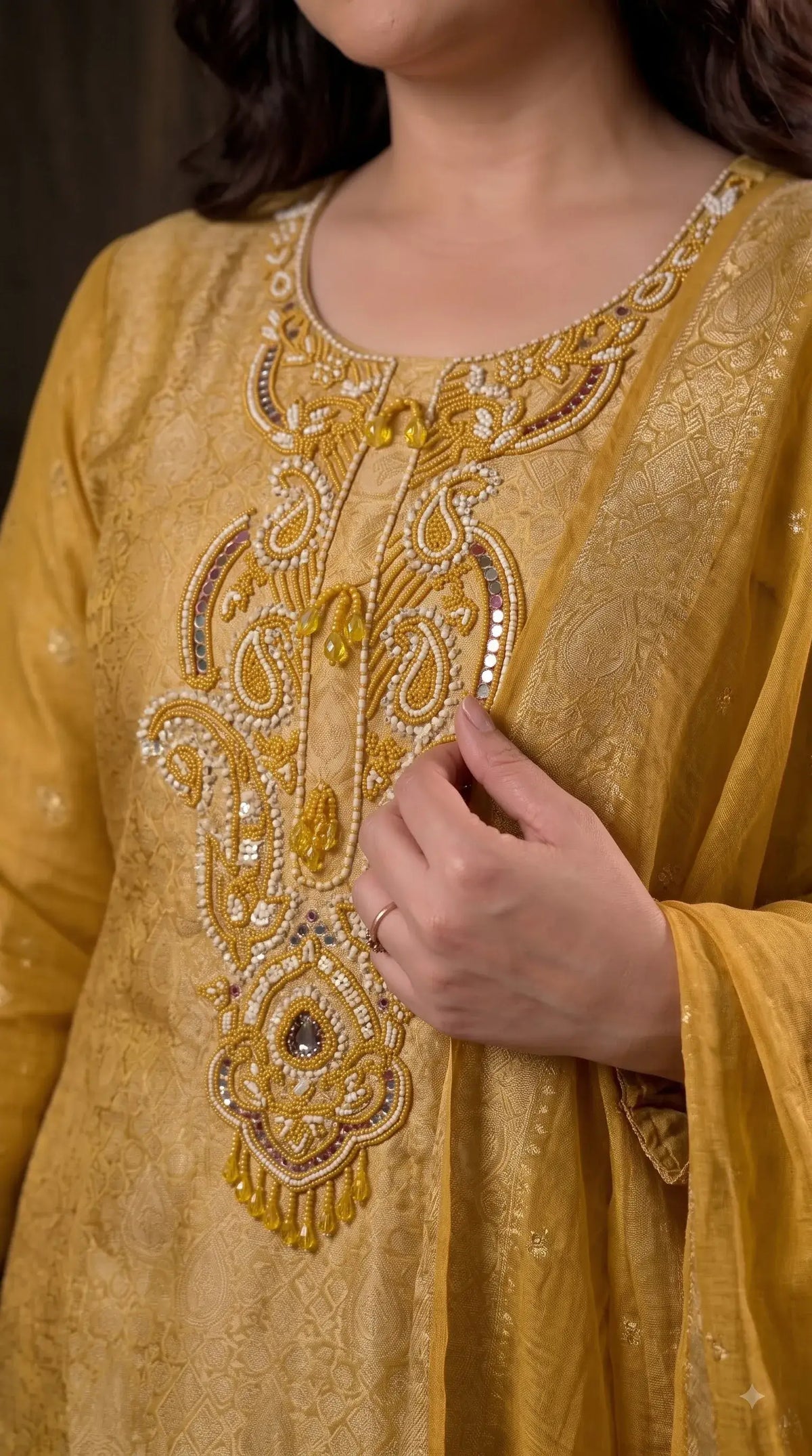 Pakistani Designer Yellow Shade Soft Tissue Suit with Bead & Paisley