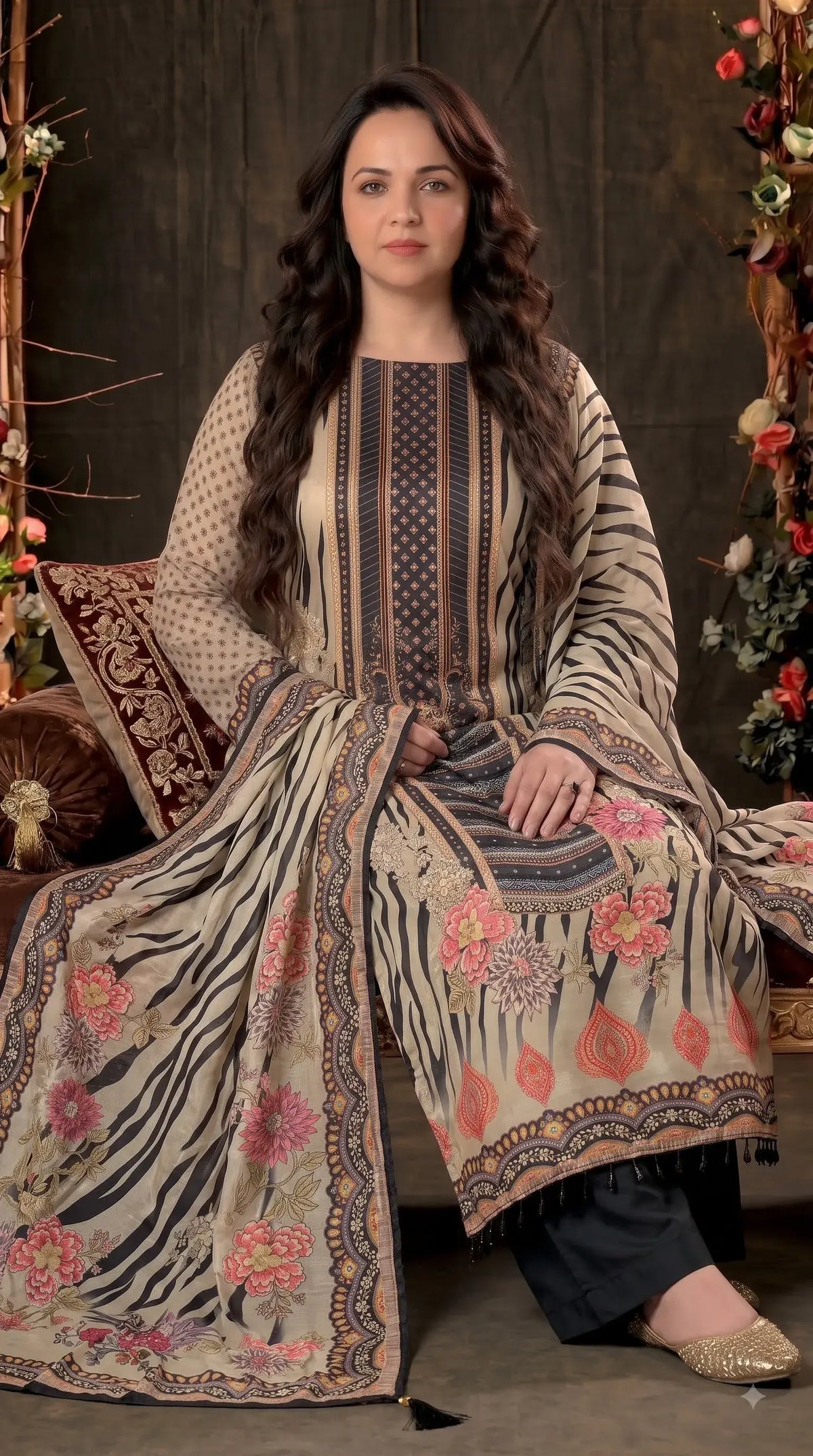 Premium Designer Beige Black Silk Suit with Floral Print, Pearl Work & Elegant Dupatta