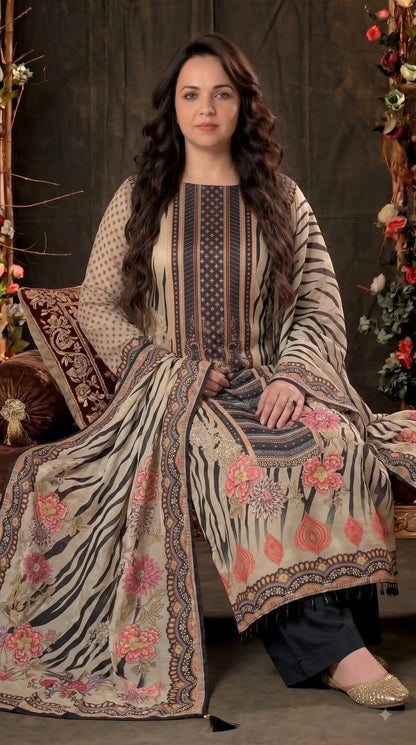 Premium Designer Beige Black Silk Suit with Floral Print, Pearl Work & Elegant Dupatta