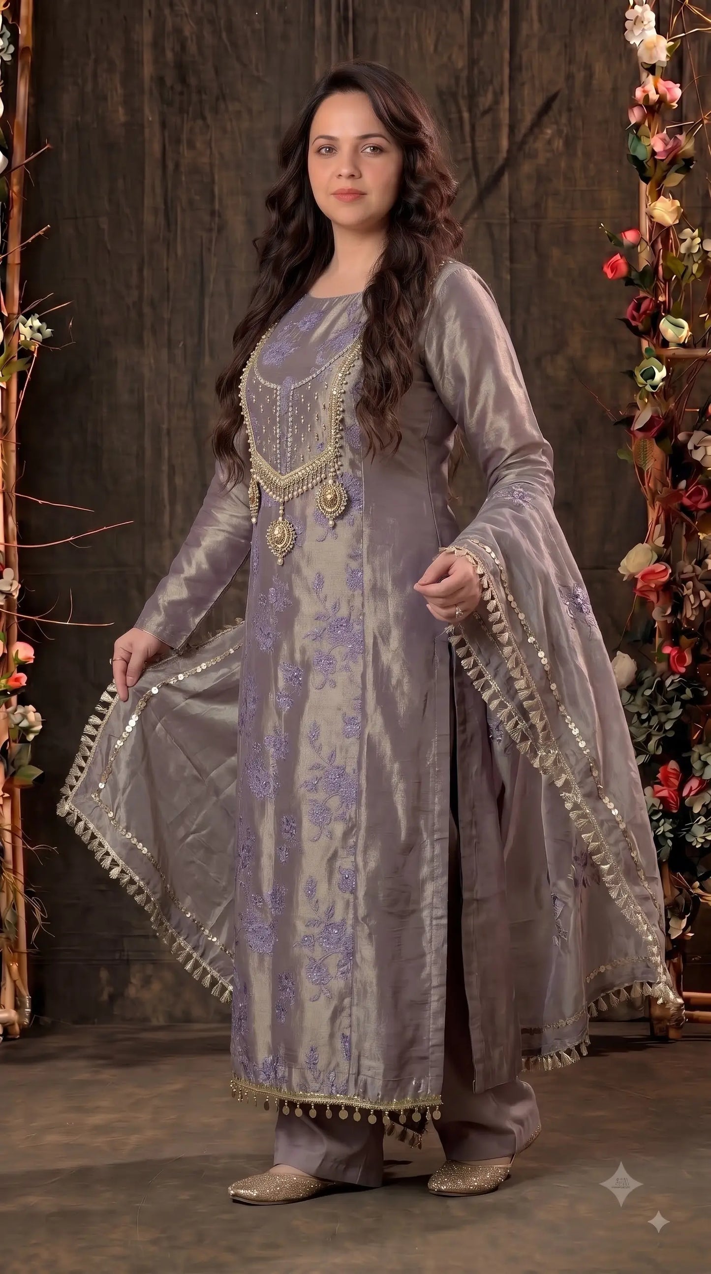 Premium Designer Smoky Mauve Kunbi Textured Suit with Pearl & Floral Embellishment