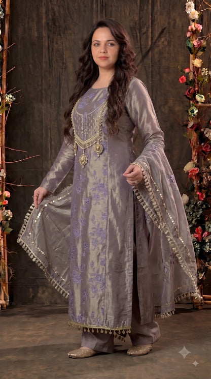 Premium Designer Smoky Mauve Kunbi Textured Suit with Pearl & Floral Embellishment