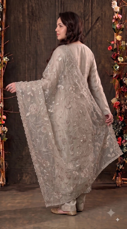 Premium Designer Ivory Taneria Suit with Silver Floral Embroidery & Embroidered Dupatta