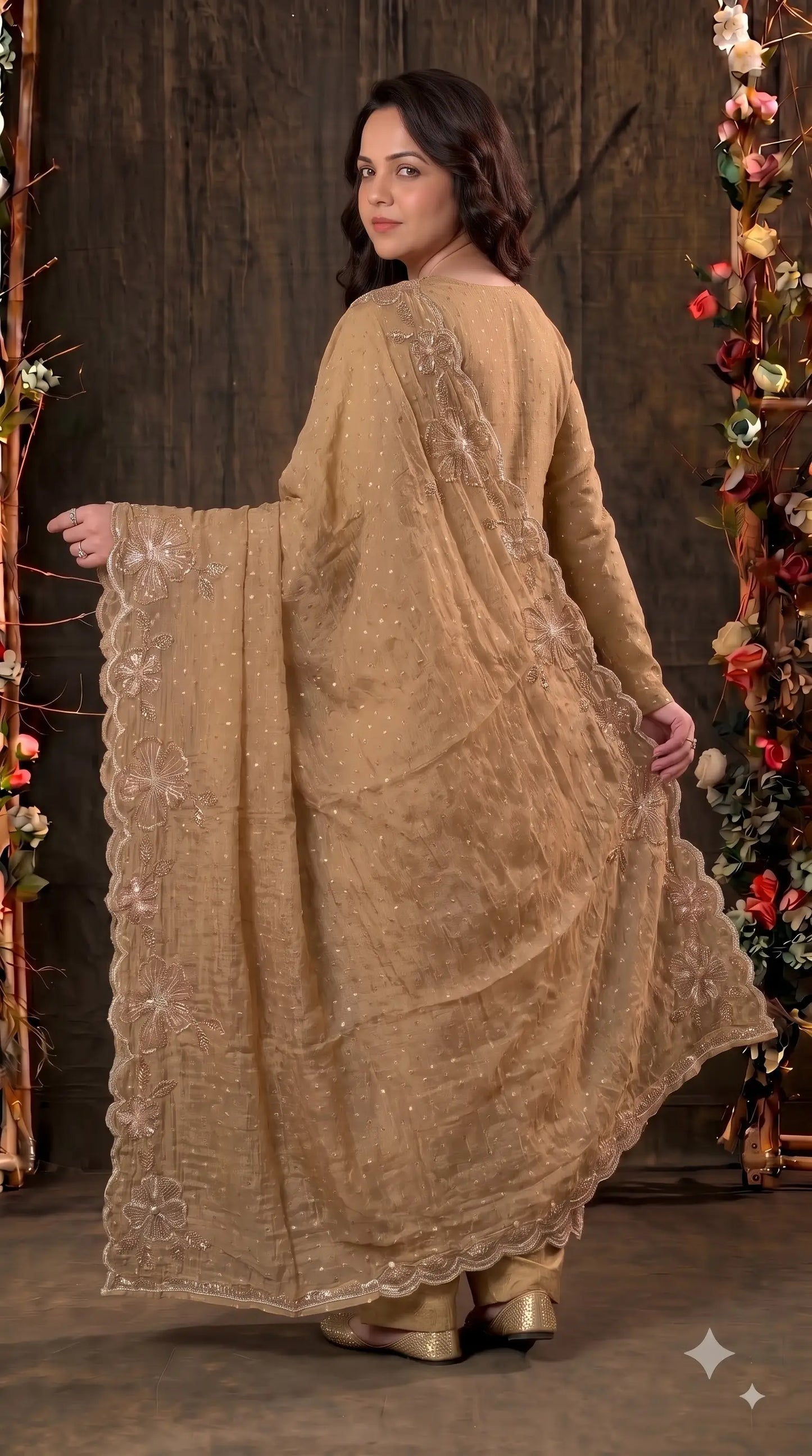 Premium Designer Antique Gold Soft Tissue Suit with Floral Pearl, Sequin & Bead Work