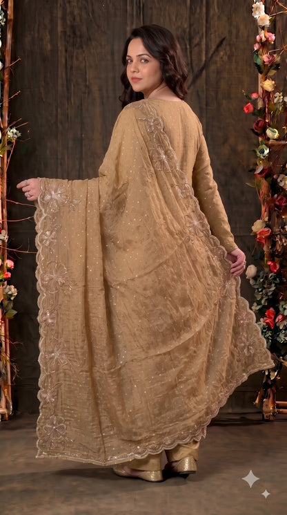 Premium Designer Antique Gold Soft Tissue Suit with Floral Pearl, Sequin & Bead Work
