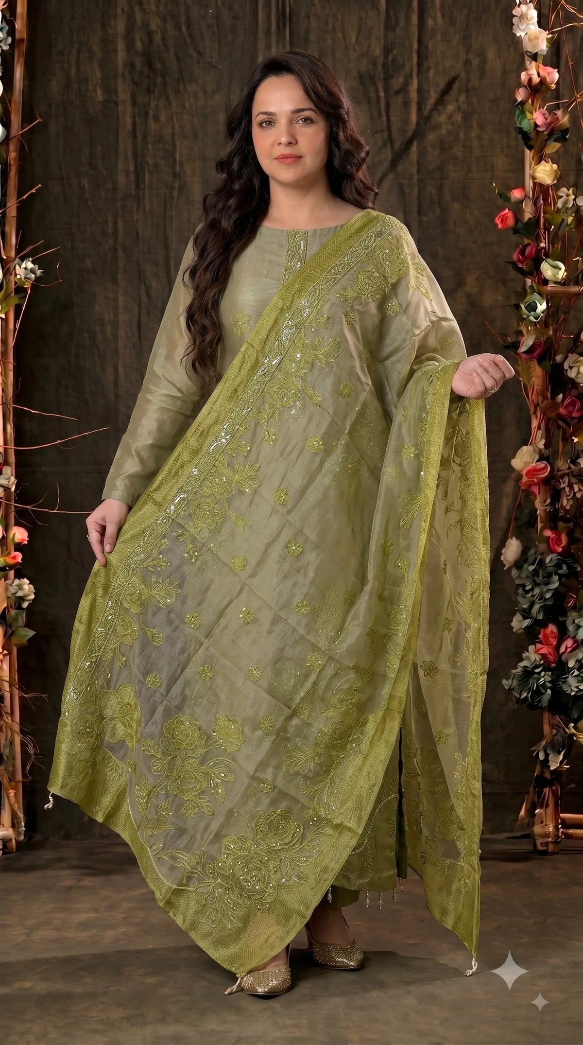 Premium Designer Olive Green Tulfi Fabric Suit with Pearl Work & Embroidery
