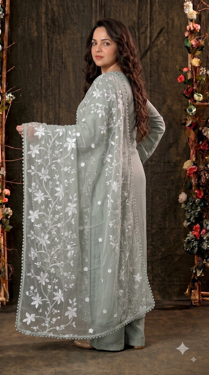 Premium Designer Soft Sage Green Soft Chiffon Suit with Elegant Applique Floral Work & Graceful