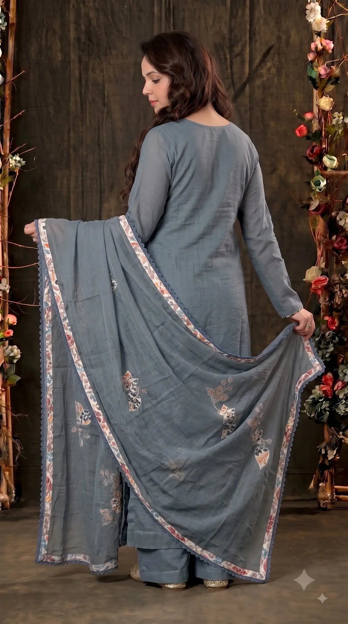 Premium Slate Blue Soft Cotton Suit with Floral Appliqué, Thread & Pearl Work