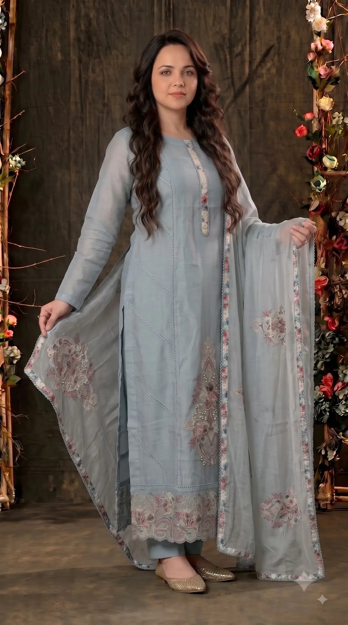 Pakistani Designer Soft Cotton Blue Suit With Floral Embroidery & Pearl Work