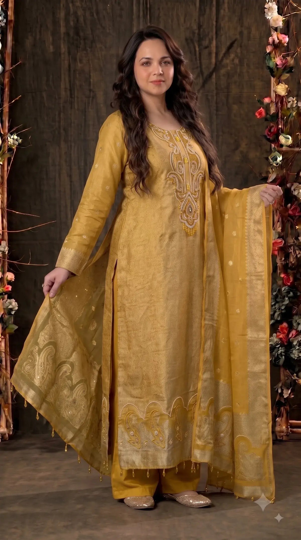 Pakistani Designer Yellow Shade Soft Tissue Suit with Bead & Paisley