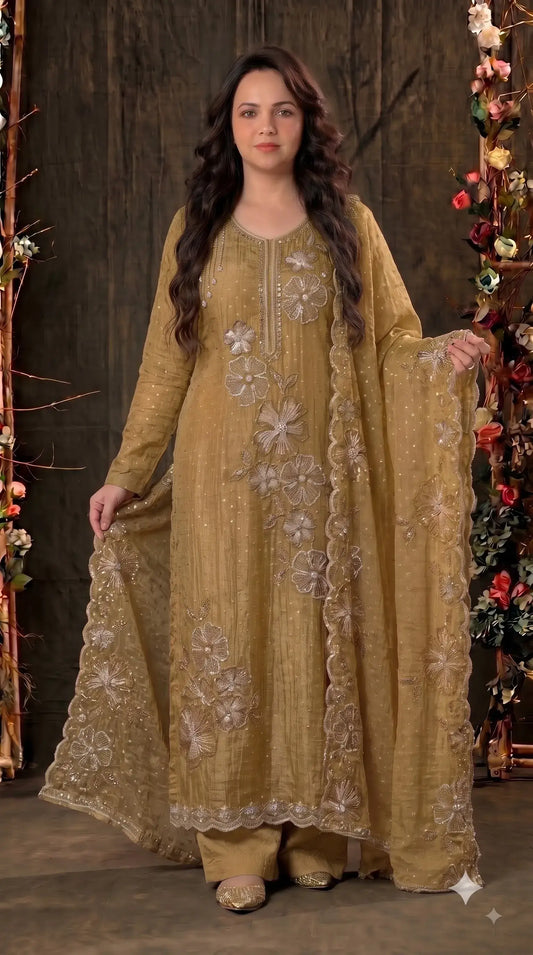 Pakistani Designer Yellow Shade Soft Tissue Suit with Floral Pearl, Sequin & Bead Work