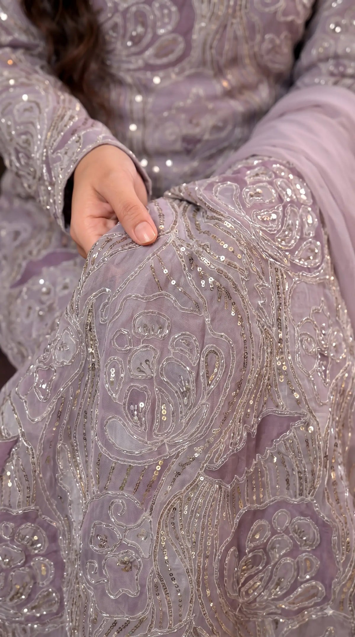 Pakistani Designer Lavender Shade Organza Ethnic-Western Suit with Pearl, Bead & Sequin Work