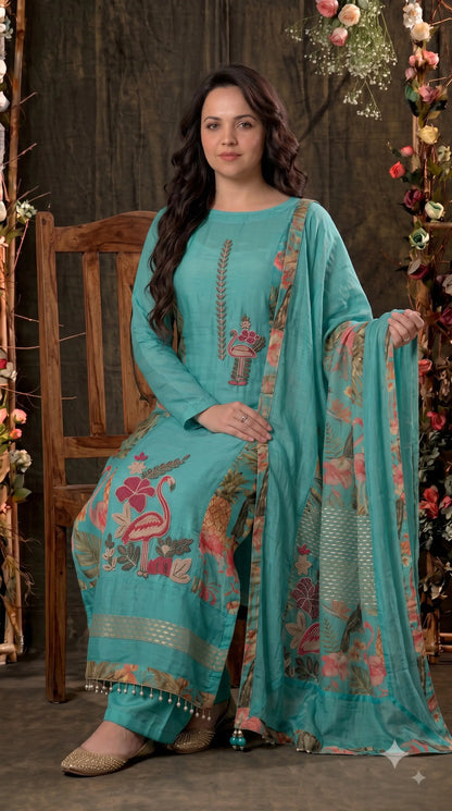 Premium Designer Aqua Turquoise Suit in Soft Shimmer Fabric