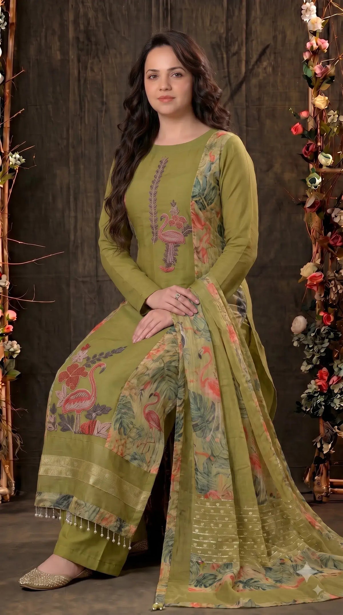 Premium Designer Olive Green Designer Suit in Soft Shimmer Premium Fabric with High-Class Hand Work