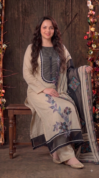 Premium Mul Designer Ivory Beige & Black Pearl-Work Floral Suit