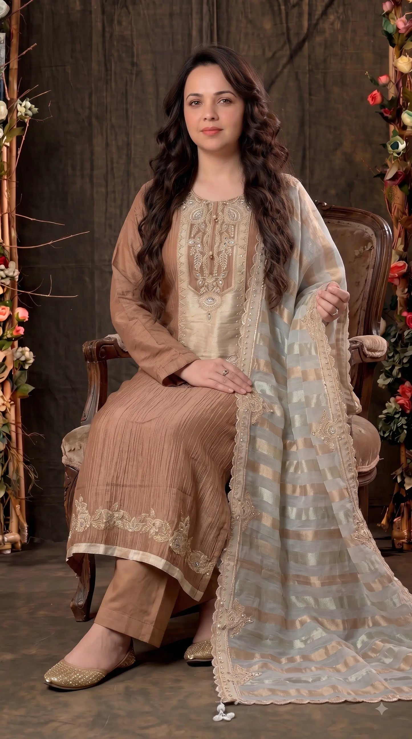 Premium Designer Caramel Bronze Soft Crush Suit with Pearl, Sequin & Intricate Embroidery Work
