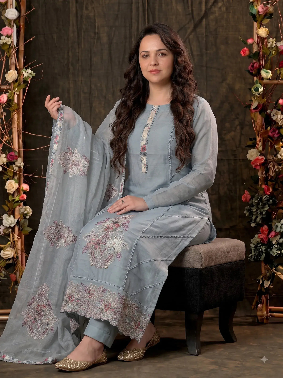 Pakistani Designer Soft Cotton Blue Suit With Floral Embroidery & Pearl Work