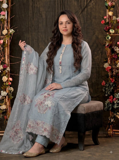 Pakistani Designer Soft Cotton Blue Suit With Floral Embroidery & Pearl Work