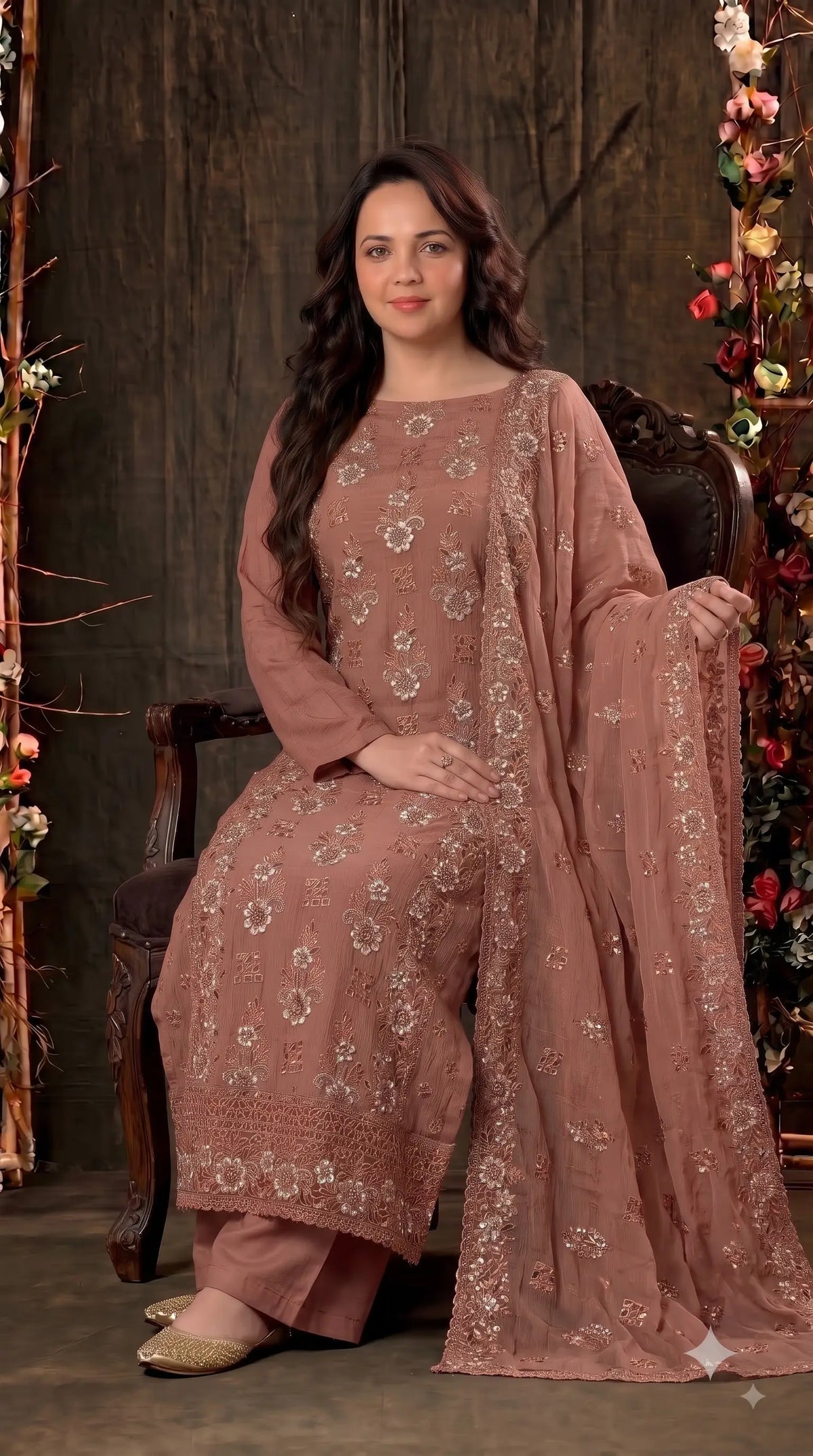 Pakistani Designer Rust Soft Crush Tissue Suit with Floral Embroidery, Pearl & Sequin Work
