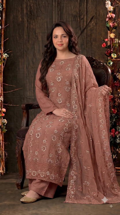 Pakistani Designer Rust Soft Crush Tissue Suit with Floral Embroidery, Pearl & Sequin Work