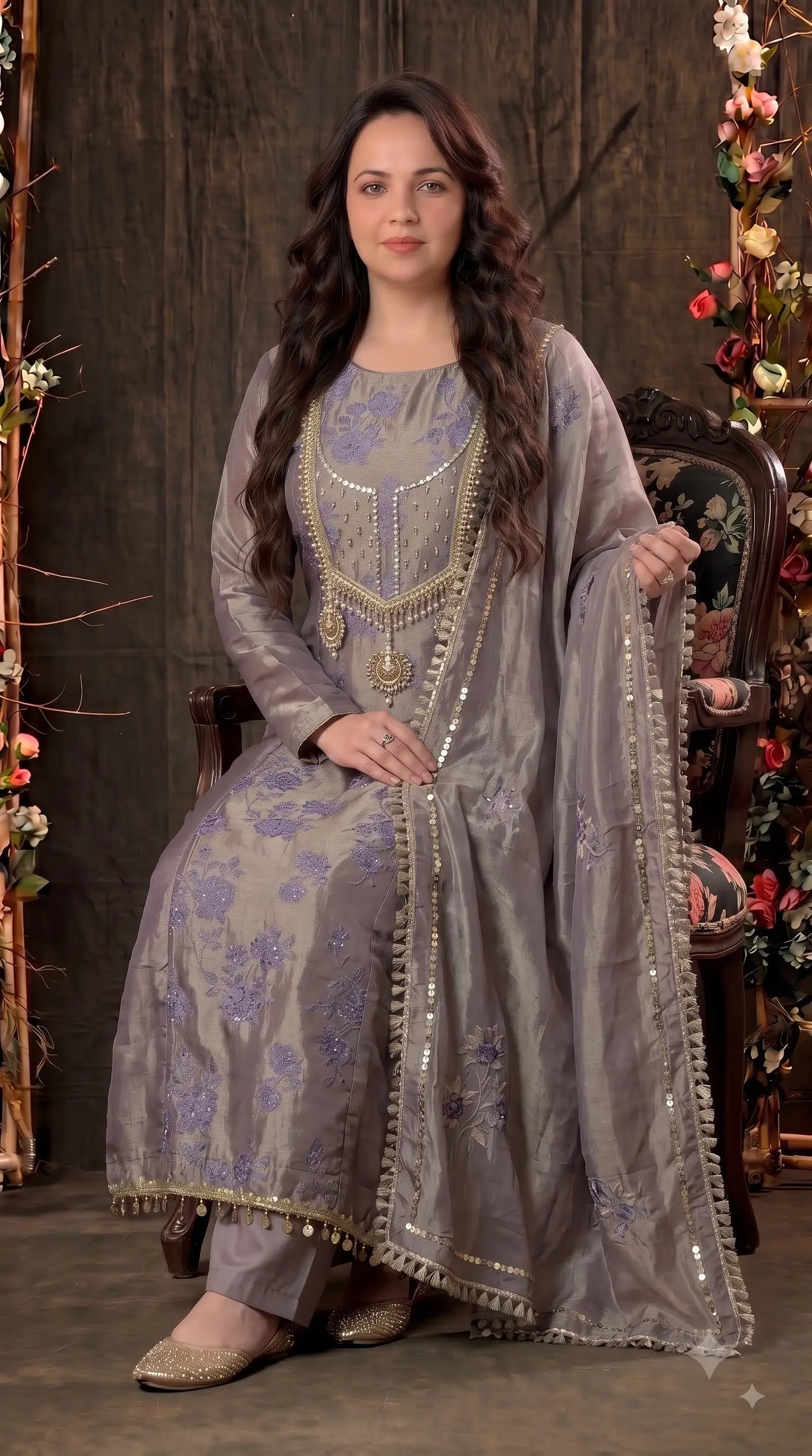 Premium Designer Smoky Mauve Kunbi Textured Suit with Pearl & Floral Embellishment