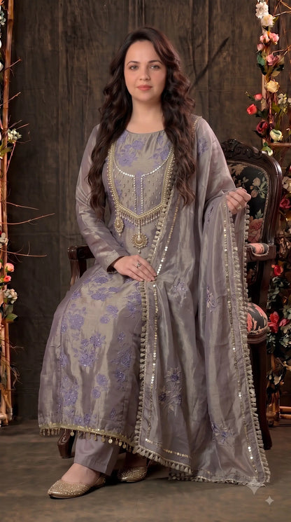 Premium Designer Smoky Mauve Kunbi Textured Suit with Pearl & Floral Embellishment