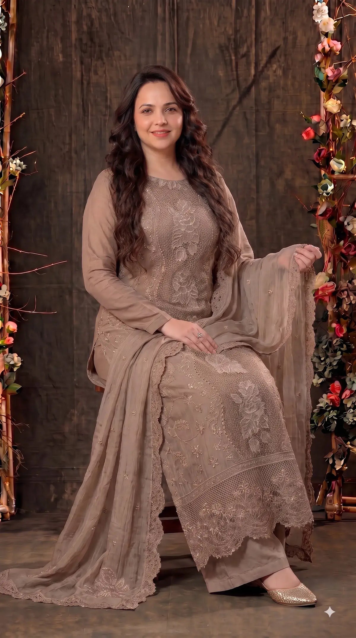 Premium Designer Mocha Gold Crush Suit with Pearl & Cutwork Detailing