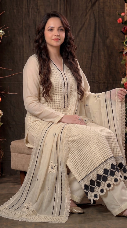 Premium Light Yellow Pakistani Zut Mull Cotton Suit with Elegant Black Embroidery