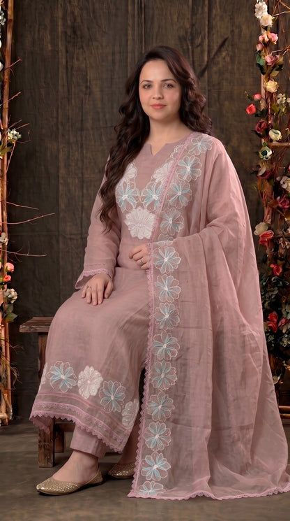 Pink Premium Linen Cotton Pakistani Suit with Pearl Floral Embroidery & Lace Work