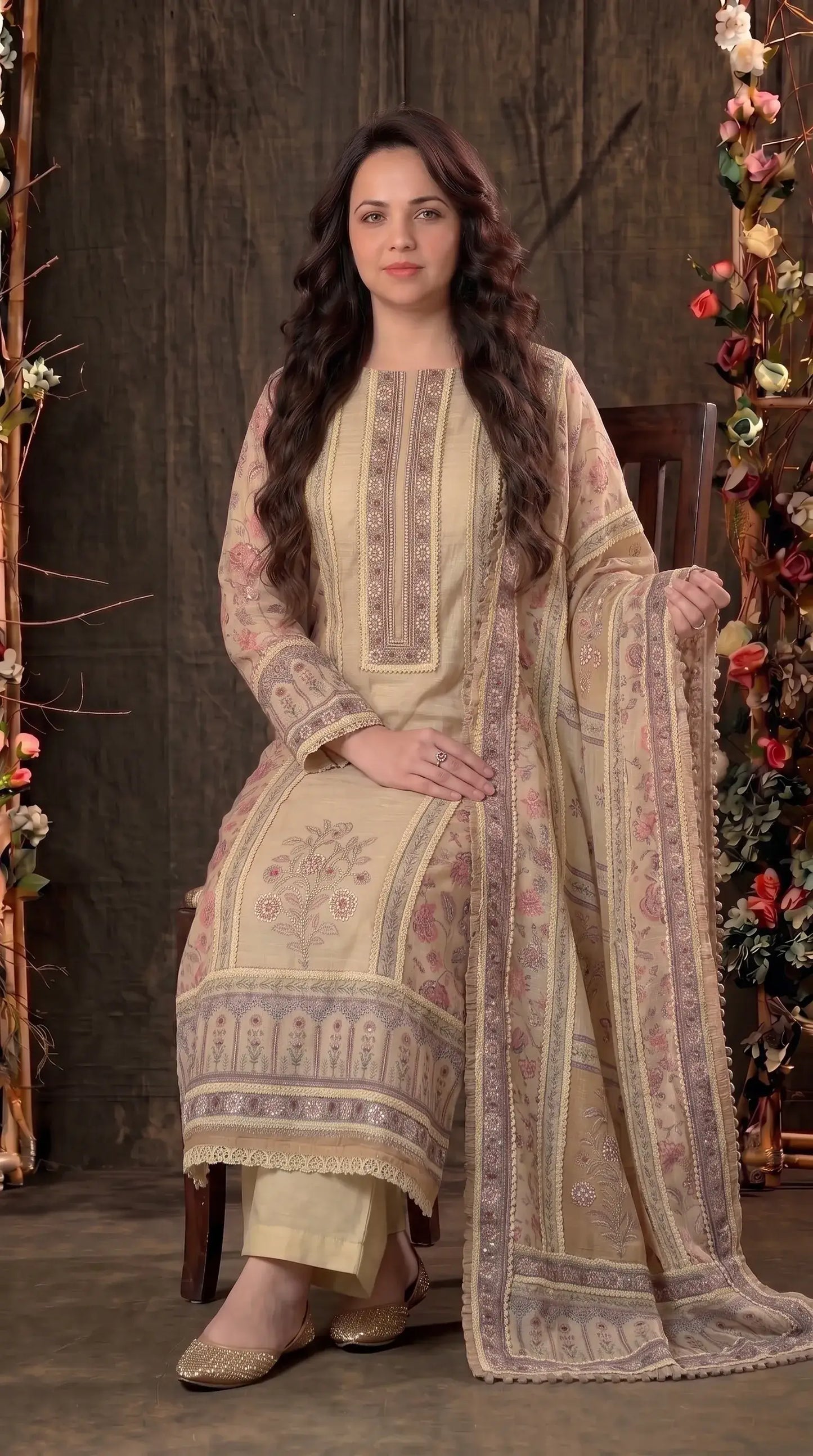 Beige Khaddi Designer Suit with Pearl Detailing