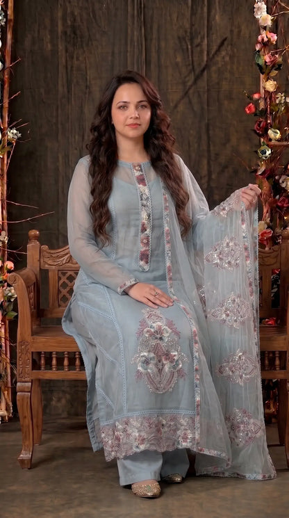 Floral Embroidered sky blue Suit with Pearl Handwork