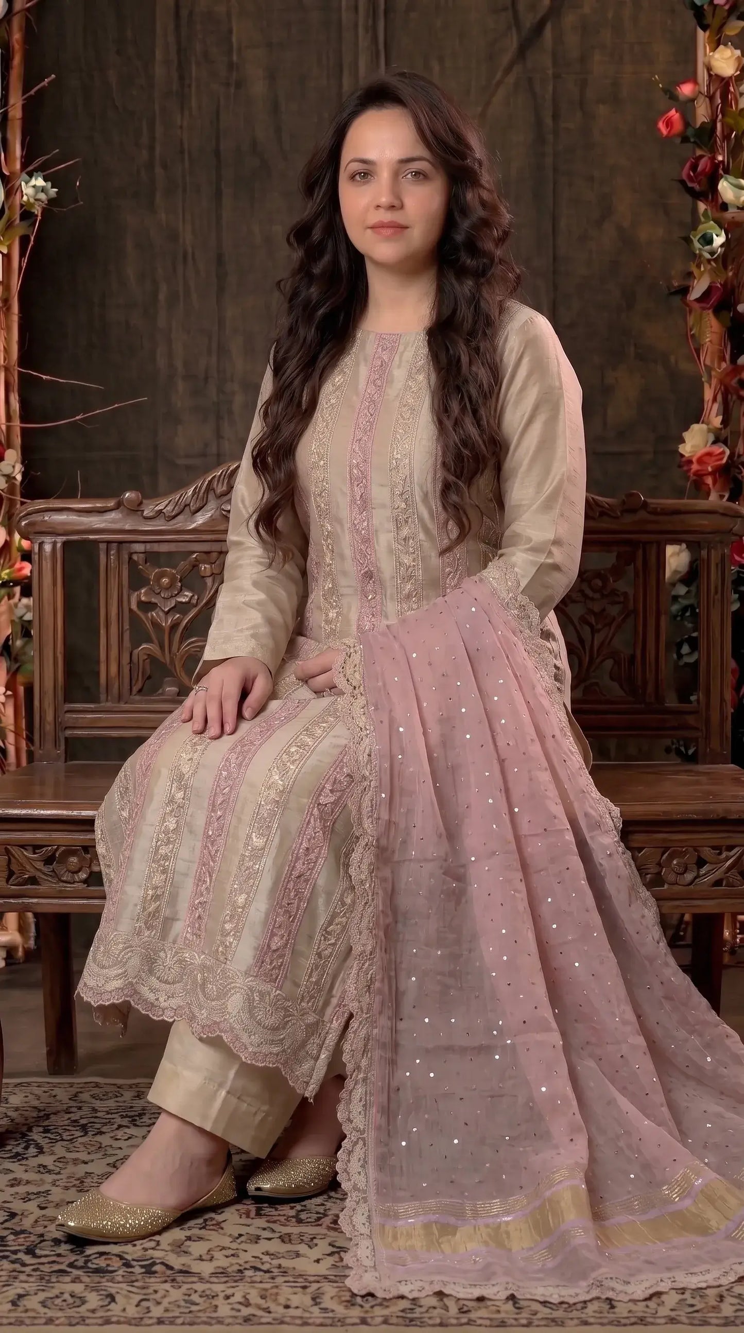 Premium Designer Beige & Blush Pink Tissue Suit