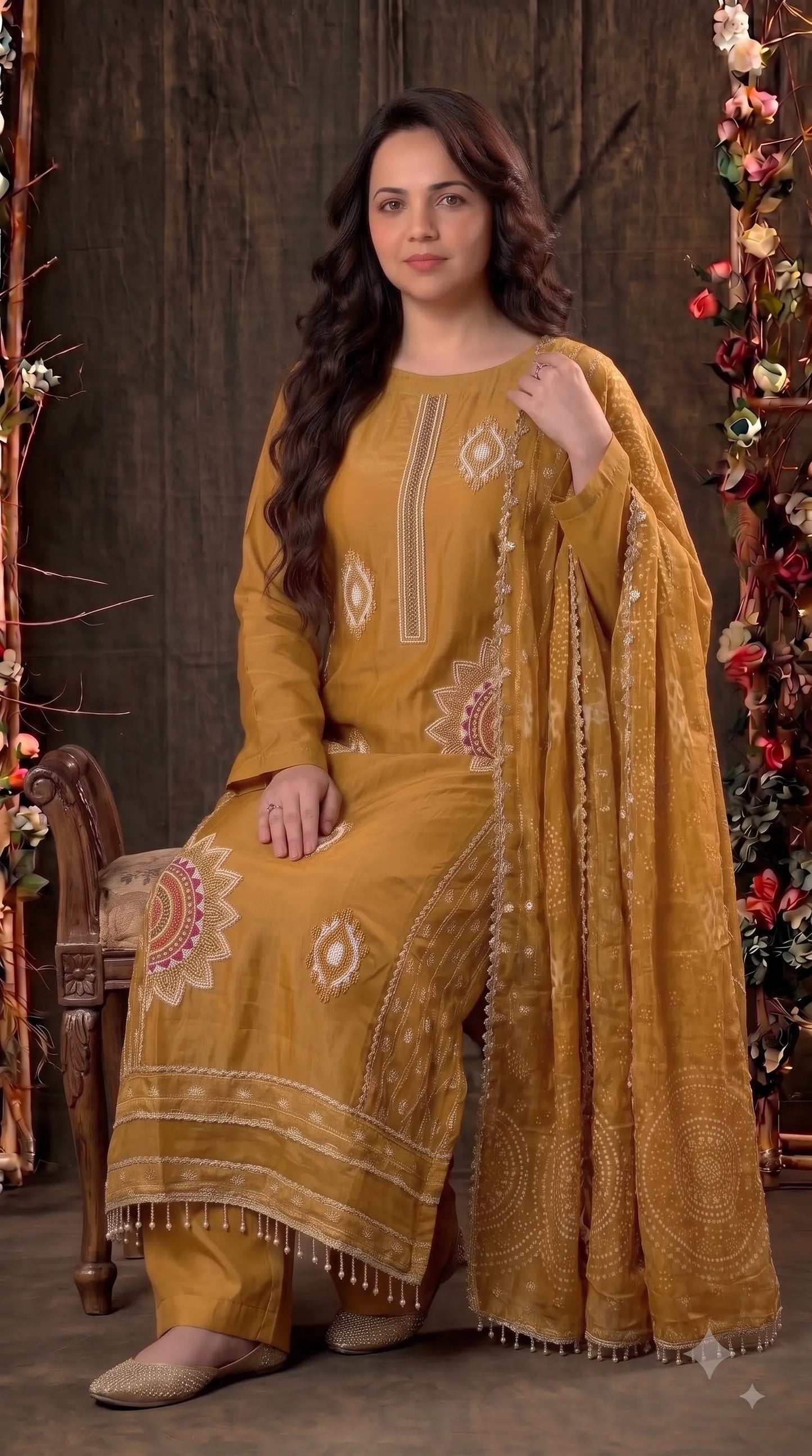 Premium Tissue Mustard Designer Suit with Pearl Detailing