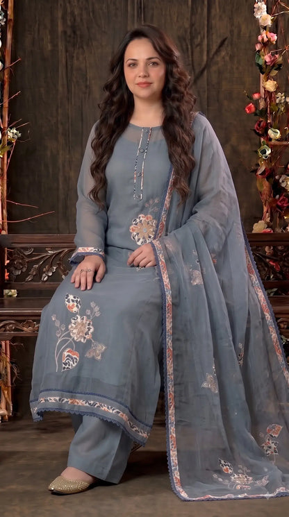 Premium Designer Slate Blue Soft Cotton Pakistani Suit with Floral Appliqué Work