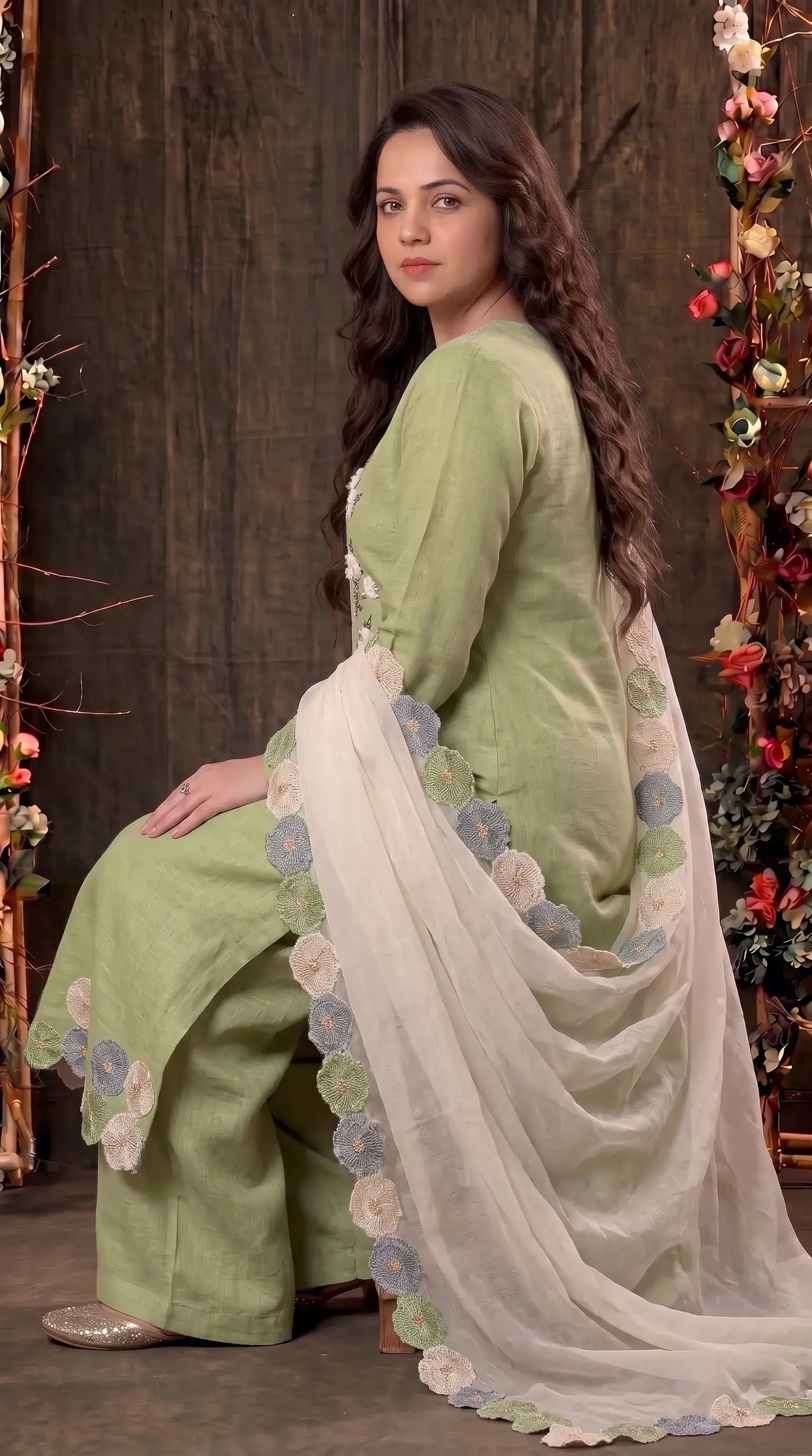 Premium Designer Pastel Green Soft Cotton Pakistani Suit with Pearl & 3D Floral Work