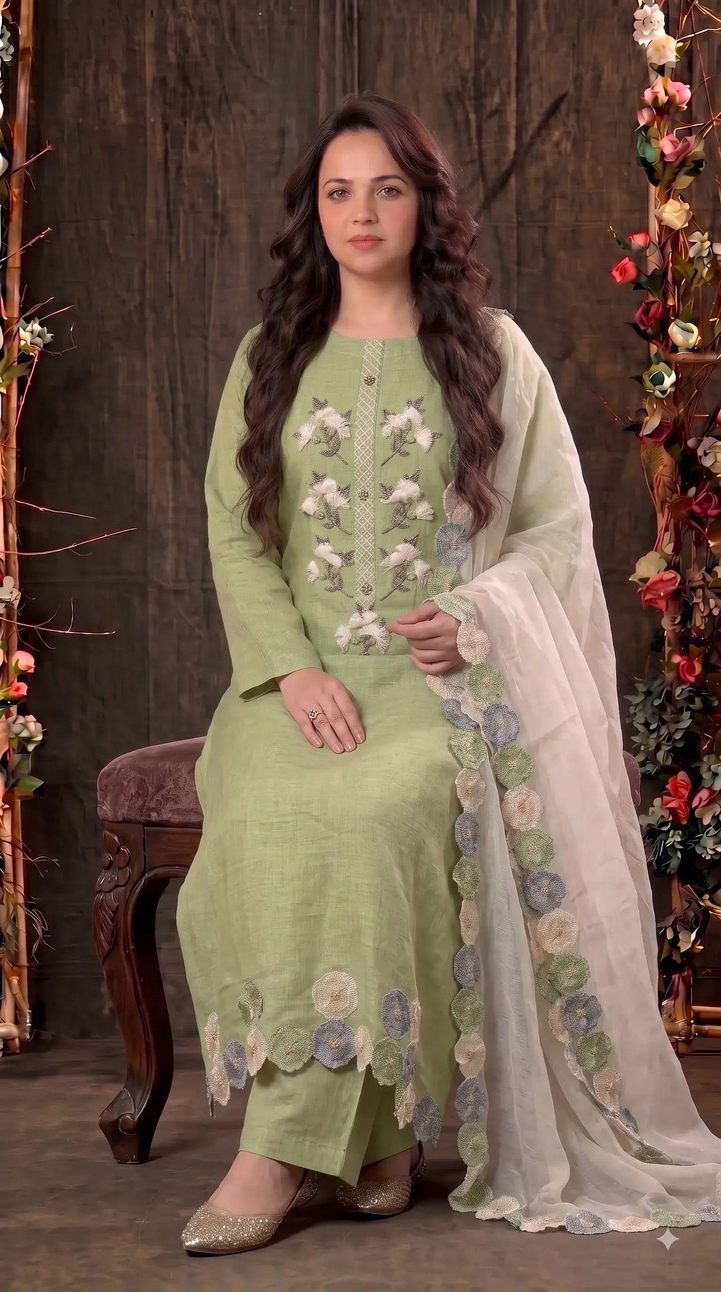 Premium Designer Pastel Green Soft Cotton Pakistani Suit with Pearl & 3D Floral Work
