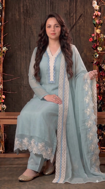 Premium Designer Powder Green Soft Cotton Pakistani Suit with Pearl & Lace Work