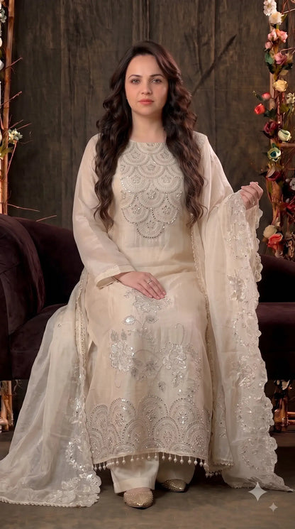 Premium Designer Ivory Soft Tissue Pakistani Suit with Mirror, Pearl & Floral Work