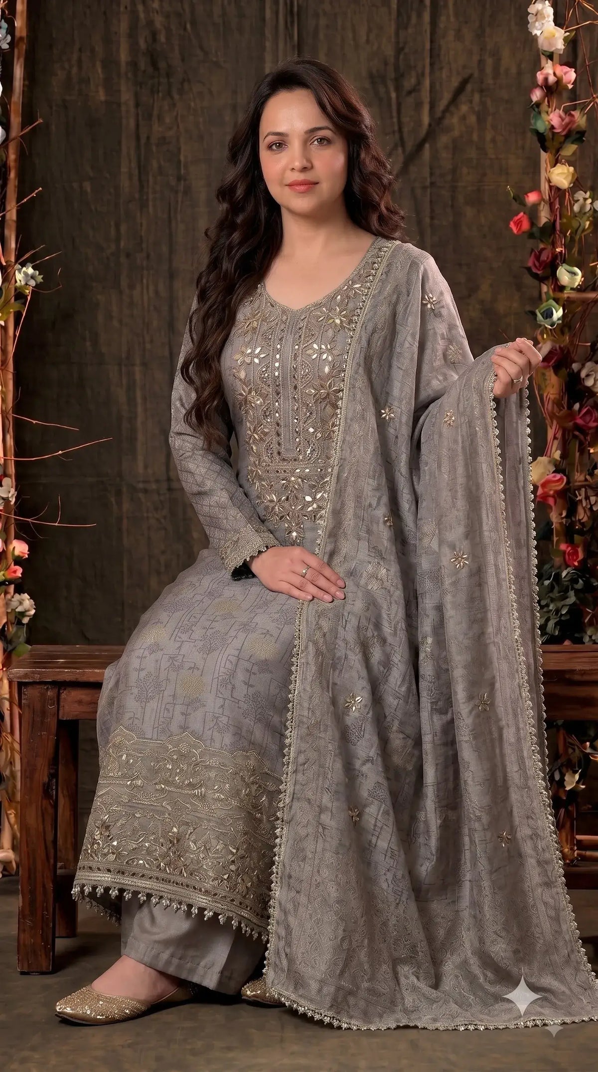 Pakistani Designer Silver Grey Banarsi Suit with Mirror & Pearl Work