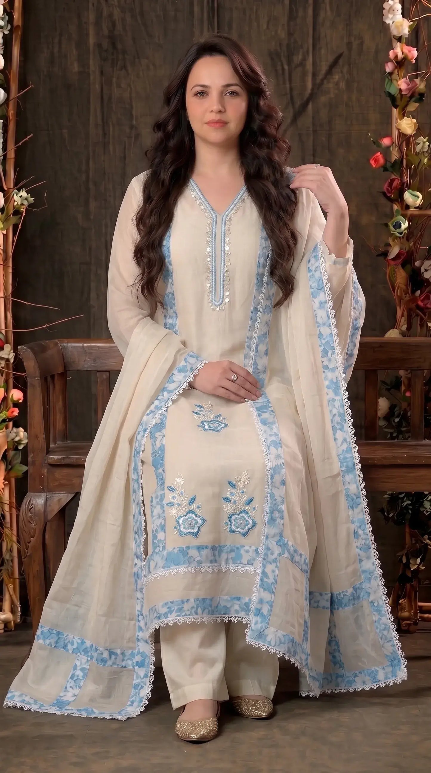 Ivory Blue Floral Designer Suit with Boutique Finish