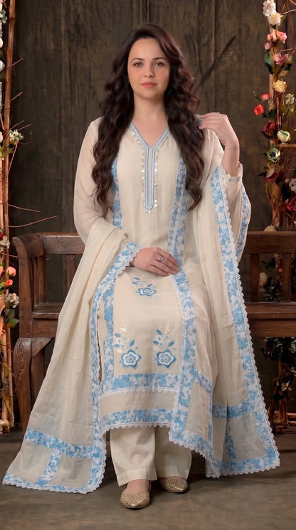 Ivory Blue Floral Designer Suit with Boutique Finish