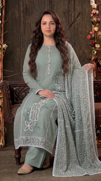 Sage Green Cotton Suit with Embroidered Panel & Printed Dupatta