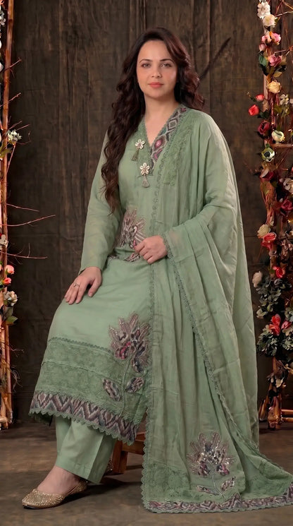 Green designer Suit with Floral Appliqué & Lace Detailing