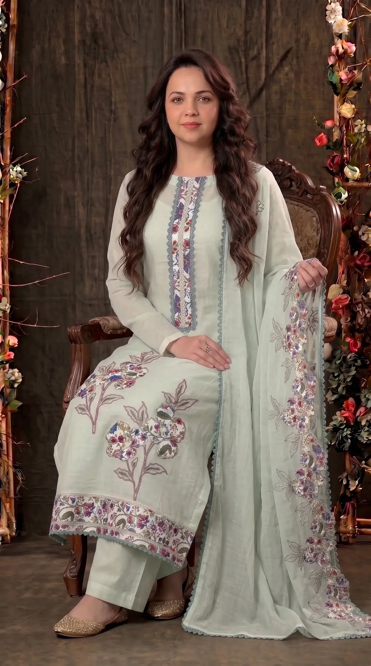 Light Green Mul Suit with Floral Embroidery & Embroidered Dupatta