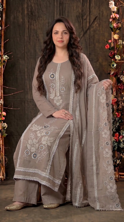 Ivory Mull Cotton Suit with Floral Embroidery & Embroidered Dupatta