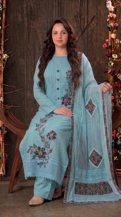 Ice Blue Floral Embroidered Designer Suit