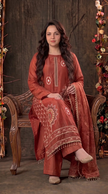 Premium Designer Rust Tissue Suit with Hand-Beaded Embroidery