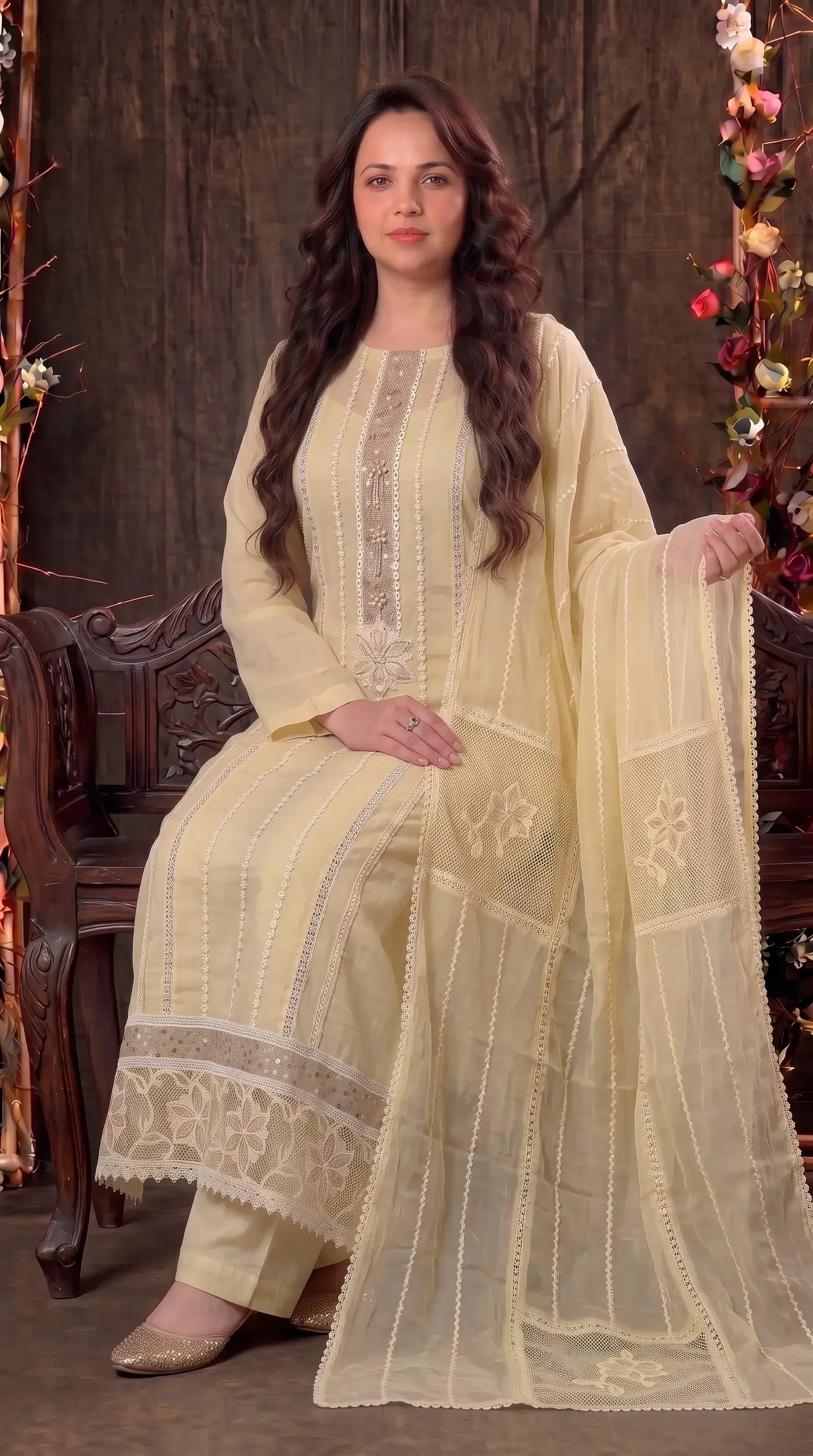 Premium Designer Butter Yellow Mal Chanderi Pearl-Work Suit