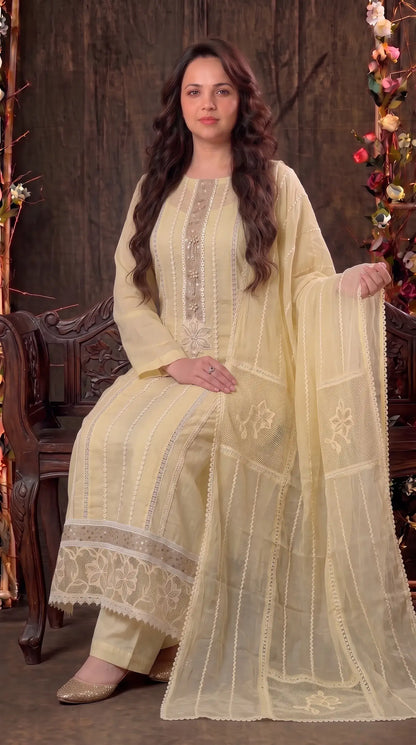 Premium Designer Butter Yellow Mal Chanderi Pearl-Work Suit