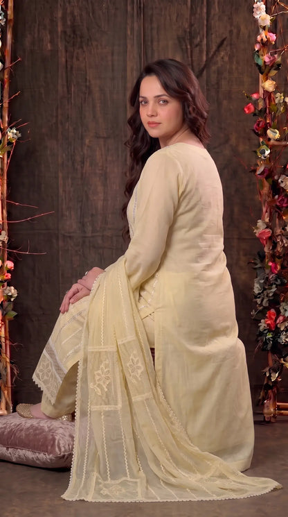 Premium Designer Butter Yellow Mal Chanderi Pearl-Work Suit