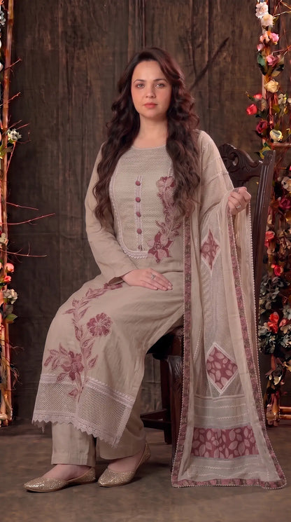 Premium Designer Soft Beige Pearl-Work Embroidered Suit